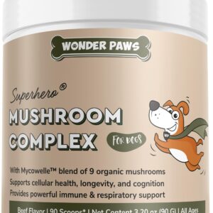 Wonder Paws Immune Support Mushroom Powder for Dogs – Organic Mushroom Complex for Immunity, Cognition, Cellular Health, Longevity - With Turkey Tail Mushroom for Dogs, Reishi & Lions Mane – 90 Scoops