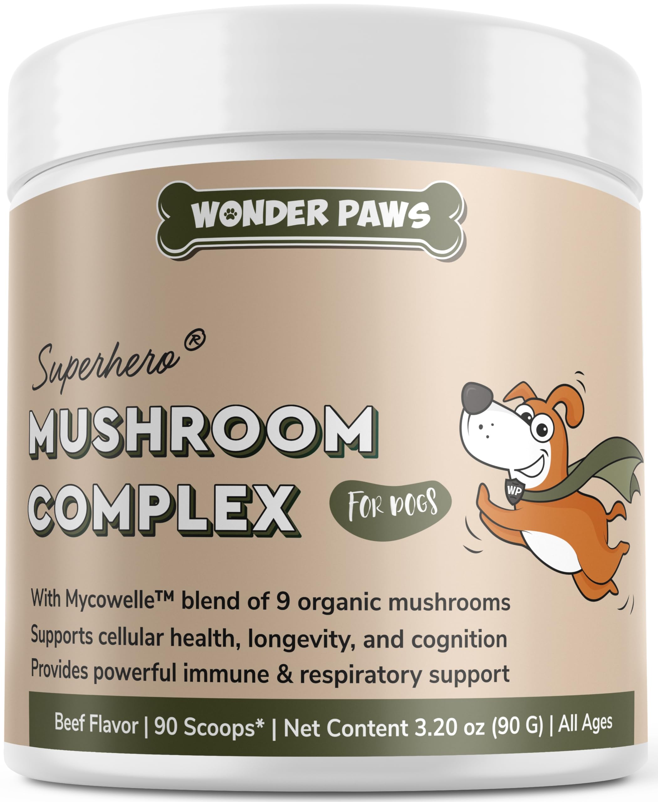 Wonder Paws Immune Support Mushroom Powder for Dogs – Organic Mushroom Complex for Immunity, Cognition, Cellular Health, Longevity - With Turkey Tail Mushroom for Dogs, Reishi & Lions Mane – 90 Scoops