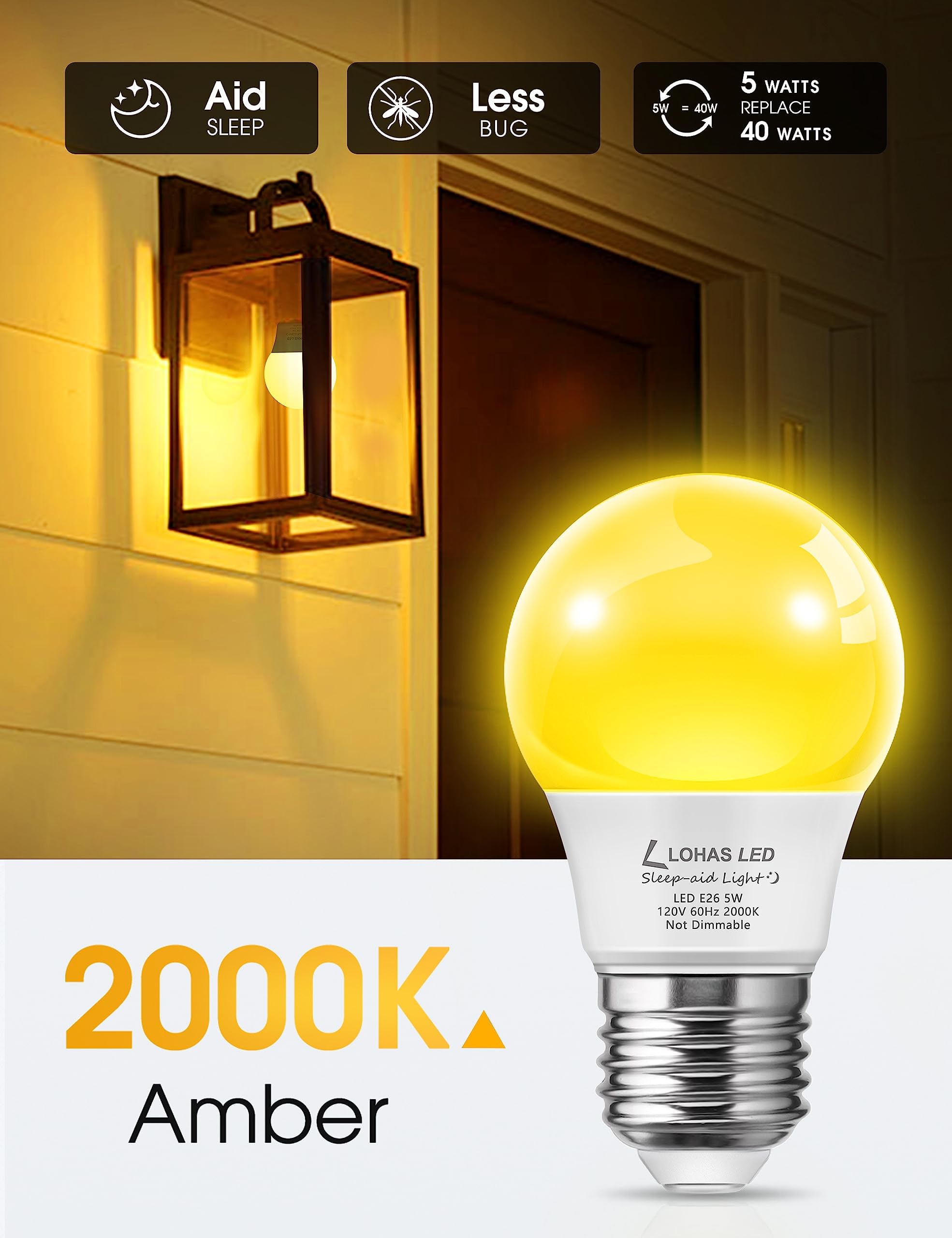 LOHAS Bug Light Bulb Yellow LED Bulbs, Outdoor Porch Lights, Amber Bedroom Night Light Bulb A15 Bugs LED Bulbs, 40W Equivalent E26 Edison Bulb(5W), Warm LEDs Hallway Lighting Decorative Lamps(4 Pack)