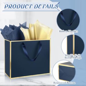 ReliThick 12 Pack Metallic Paper Gift Bag with Handles and Tissue Paper 11.8 x 10 x 4'' Thank You Favor Bag for Fall Party Thanksgiving Day Christmas Birthday Wedding Bridesmaid(Navy Blue, Gold)