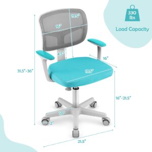 HOMGX Kids Desk Chair, Ergonomic Kids Swivel Study Chair with Lumbar Support, Breathable Mesh & Universal Wheels, Height Adjustable Kids Computer Chair for Boys & Girls (Cyan)