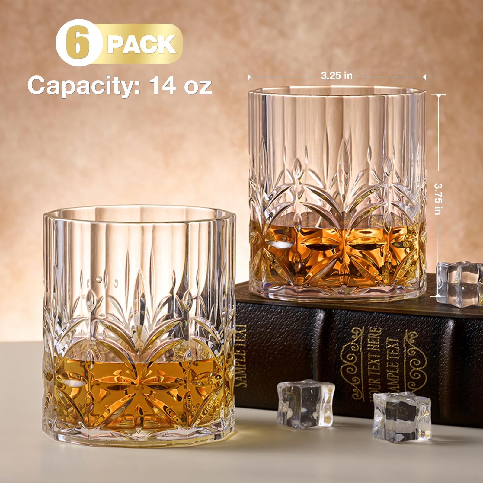 Hlukana Unbreakable Plastic Whiskey Glasses Set of 6, 14 Oz Old Fashioned Glasses for Scotch Cocktail Rum Bourbon Vodka Liquor, Unique Gifts for Men, Reusable, Clear, BPA-free, Dishwasher Safe