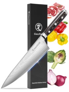 geschickt chef knife, 8 inch thin & light kitchen knife, high carbon stainless steel blade, pakkawood handle, full tang sharp knife for all-around food prep