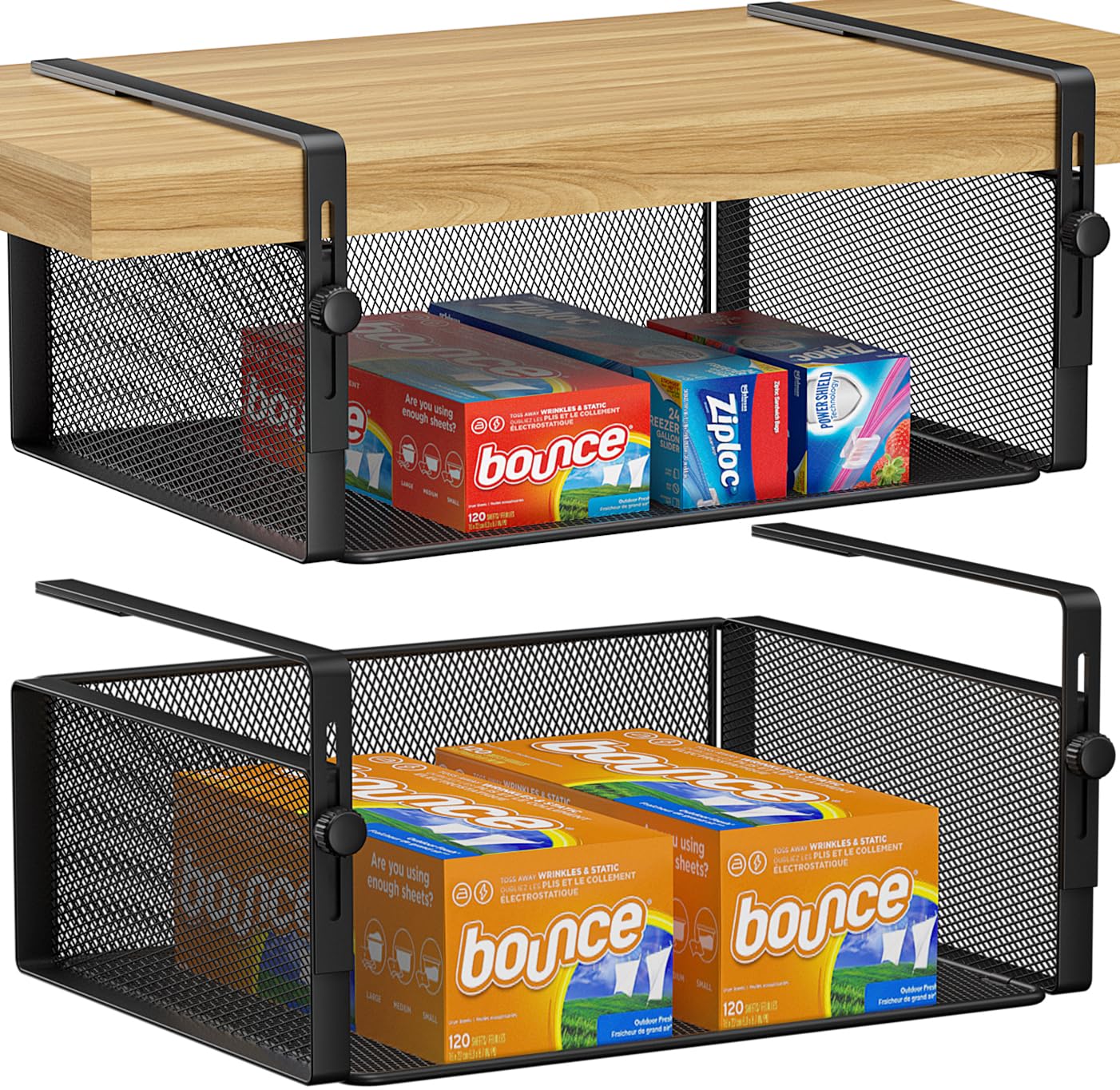 AmonHouseware 2Pack Under Shelf Basket Organizer,Adjustable Hanging Holder for Cabinet Pantry Kitchen Cupboard Desk Counter Bookshelf Organization Add-on Space Saver Heavy Duty Slide-in (Black, Large)