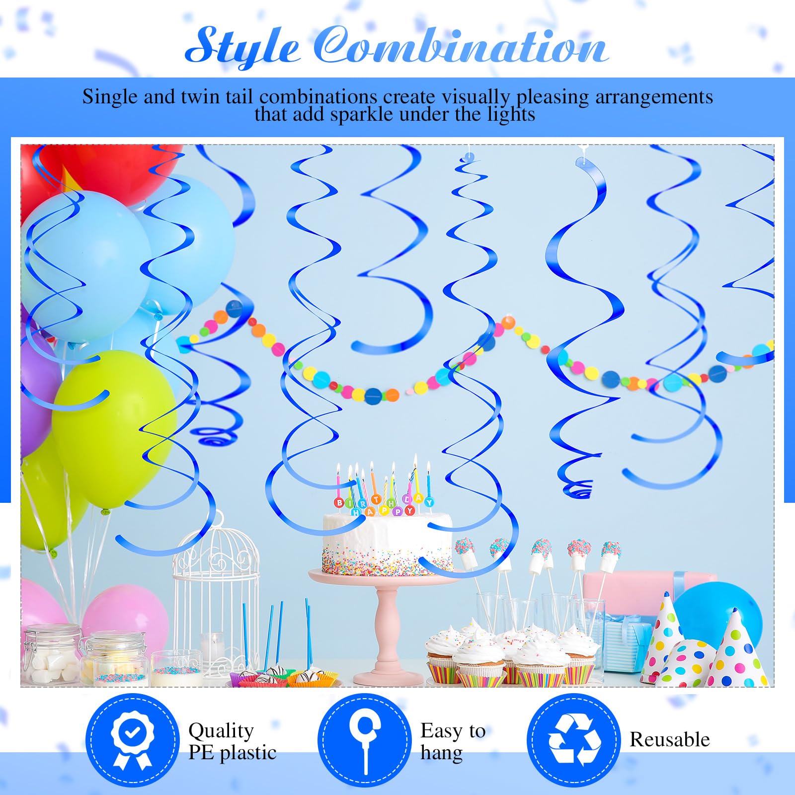 Yuxung 36 Pcs Party Hanging Swirl Decorations Plastic Streamer Swirls Party Decorations Spiral Decorations for Ceiling Birthday Wedding Baby Shower (Blue)