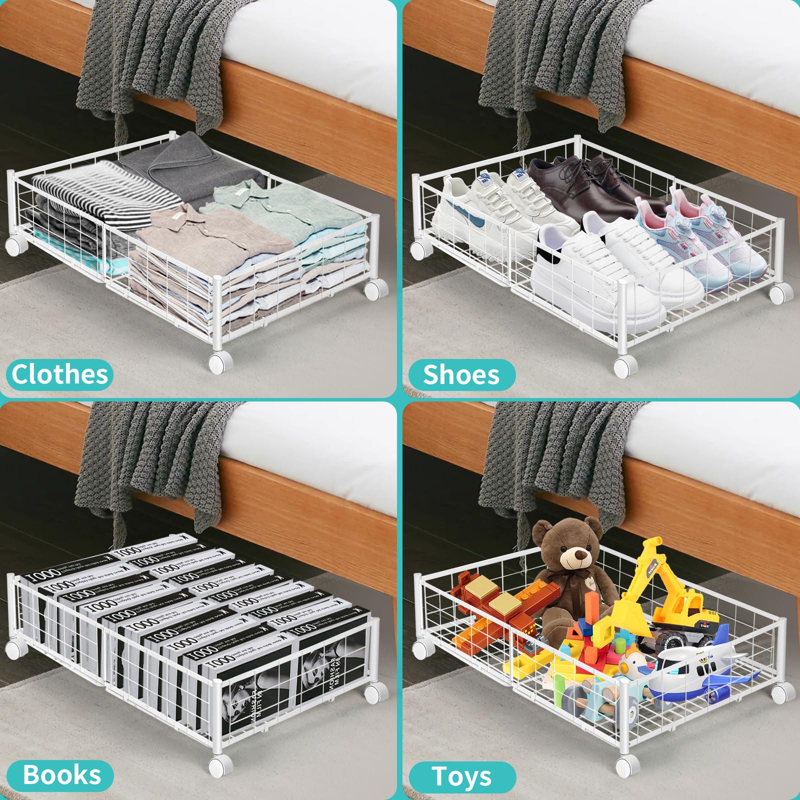 Under Bed Storage with Wheels, Under Bed Storage Containers Metal Foldable Space-Saving Under Bed Drawer Shoe Storage Bins Organizer on Wheels for Clothes Books (2 Packs White)