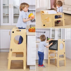 foldable 4-in-1 study tower with chalkboard for learning, montessori kitchen step stool toddlers folding stool for kids 1-6years ideal helper