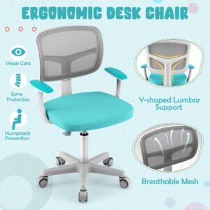 HOMGX Kids Desk Chair, Ergonomic Kids Swivel Study Chair with Lumbar Support, Breathable Mesh & Universal Wheels, Height Adjustable Kids Computer Chair for Boys & Girls (Cyan)