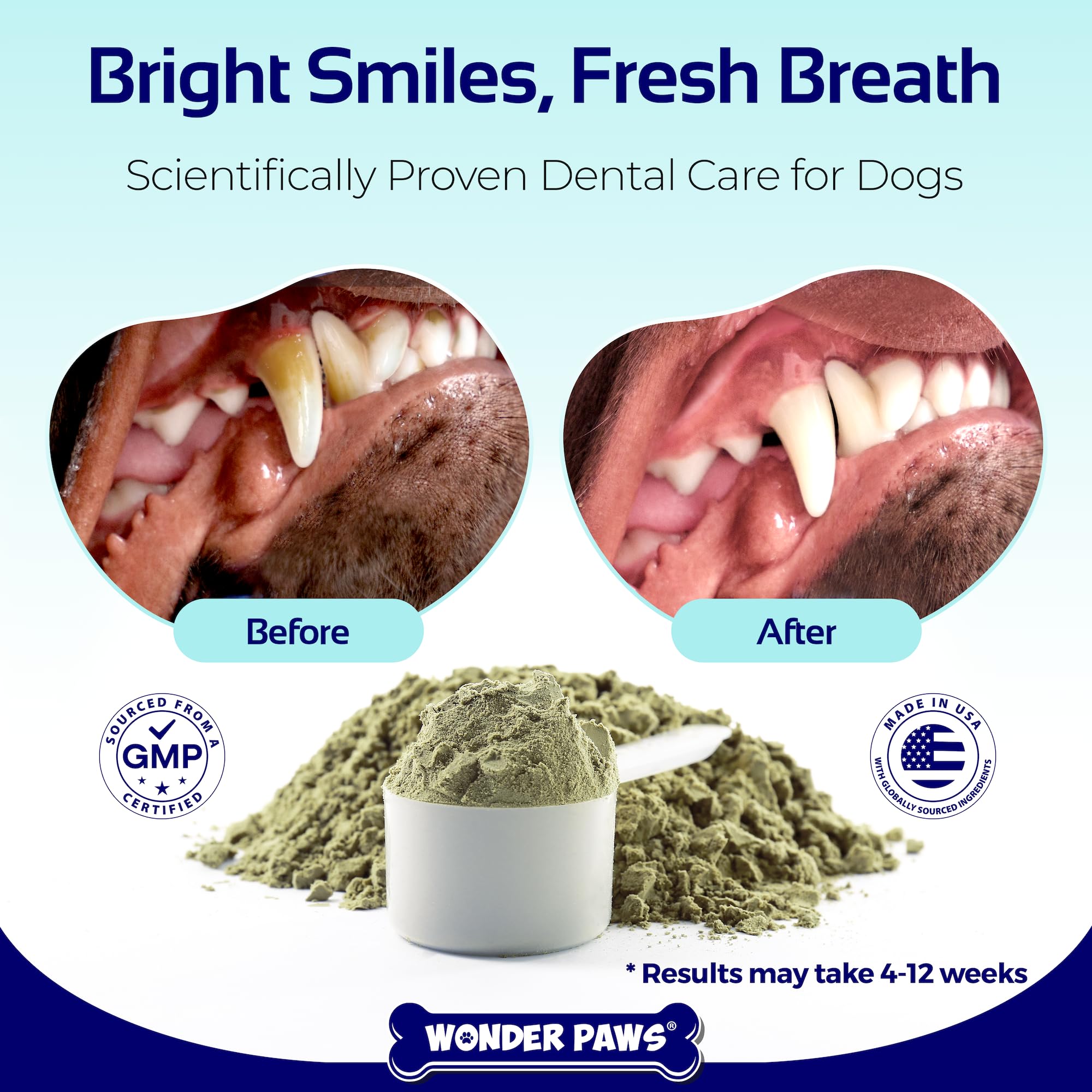 Wonder Paws Dental Powder for Dogs – Teeth Cleaning & Dental Care Made Easy – Removes Plaque, Tarter, Stains & Freshens Breath – Plaque & Tartar Remover for Dogs of All Ages – 60 Scoops