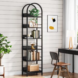 tribesigns 6-tier open bookshelf, 78.7" tall arched bookcase narrow bookshelf with metal frame, freestanding corner bookcase display shelves for living room, home office, black