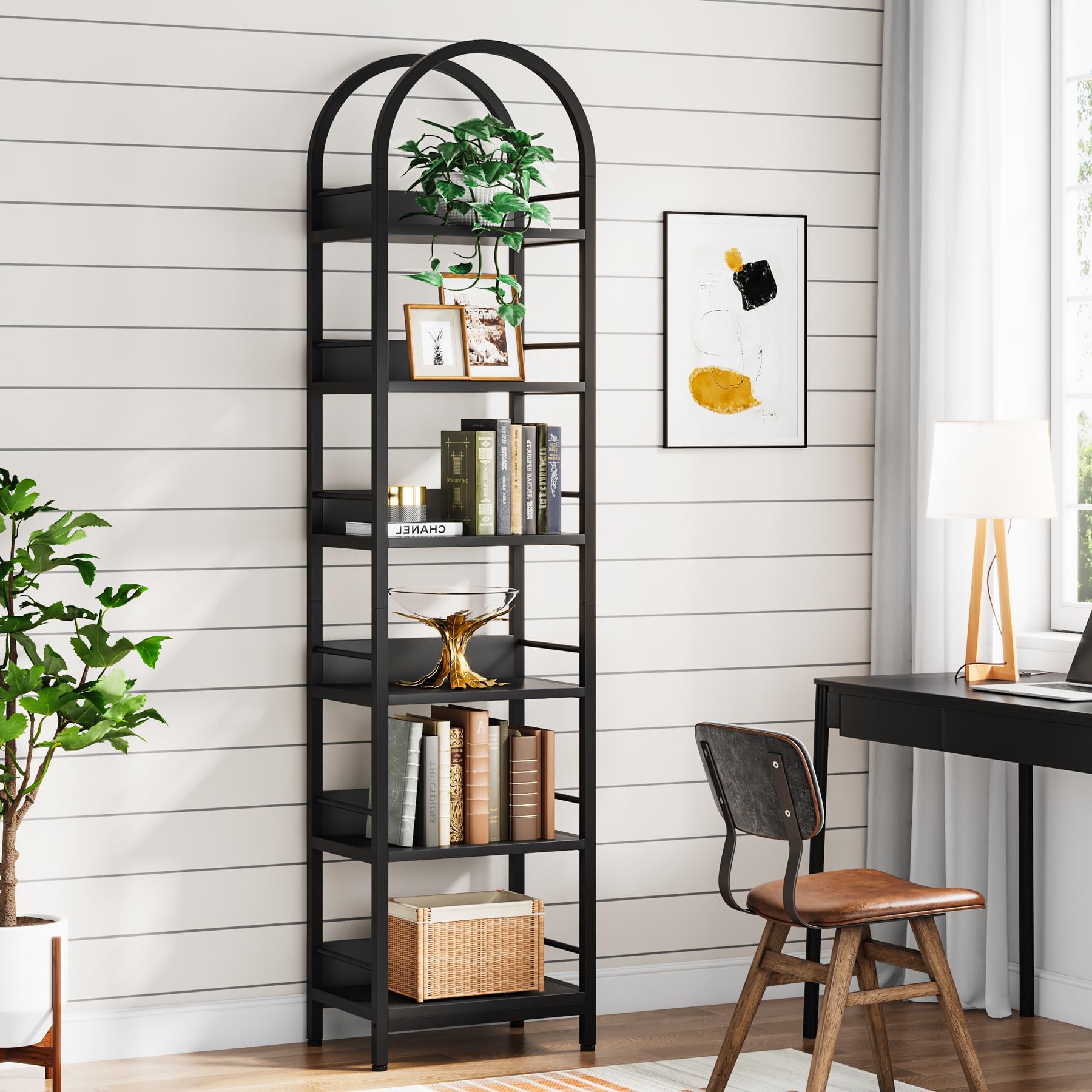 Tribesigns 6-Tier Open Bookshelf, 78.7" Tall Arched Bookcase Narrow Bookshelf with Metal Frame, Freestanding Corner Bookcase Display Shelves for Living Room, Home Office, Black