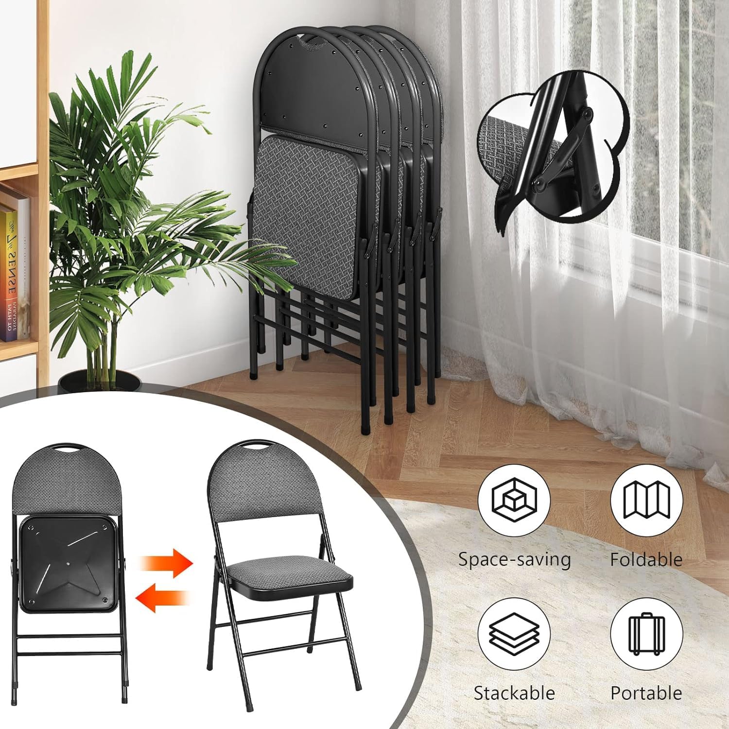 GOFLAME 4 Pack Folding Chairs, Heavy Duty Foldable Chairs with Cushioned Seat & Back, Padded Dining Chairs with Metal Frame for Indoor Outdoor Home Office Event Wedding Party, Gray