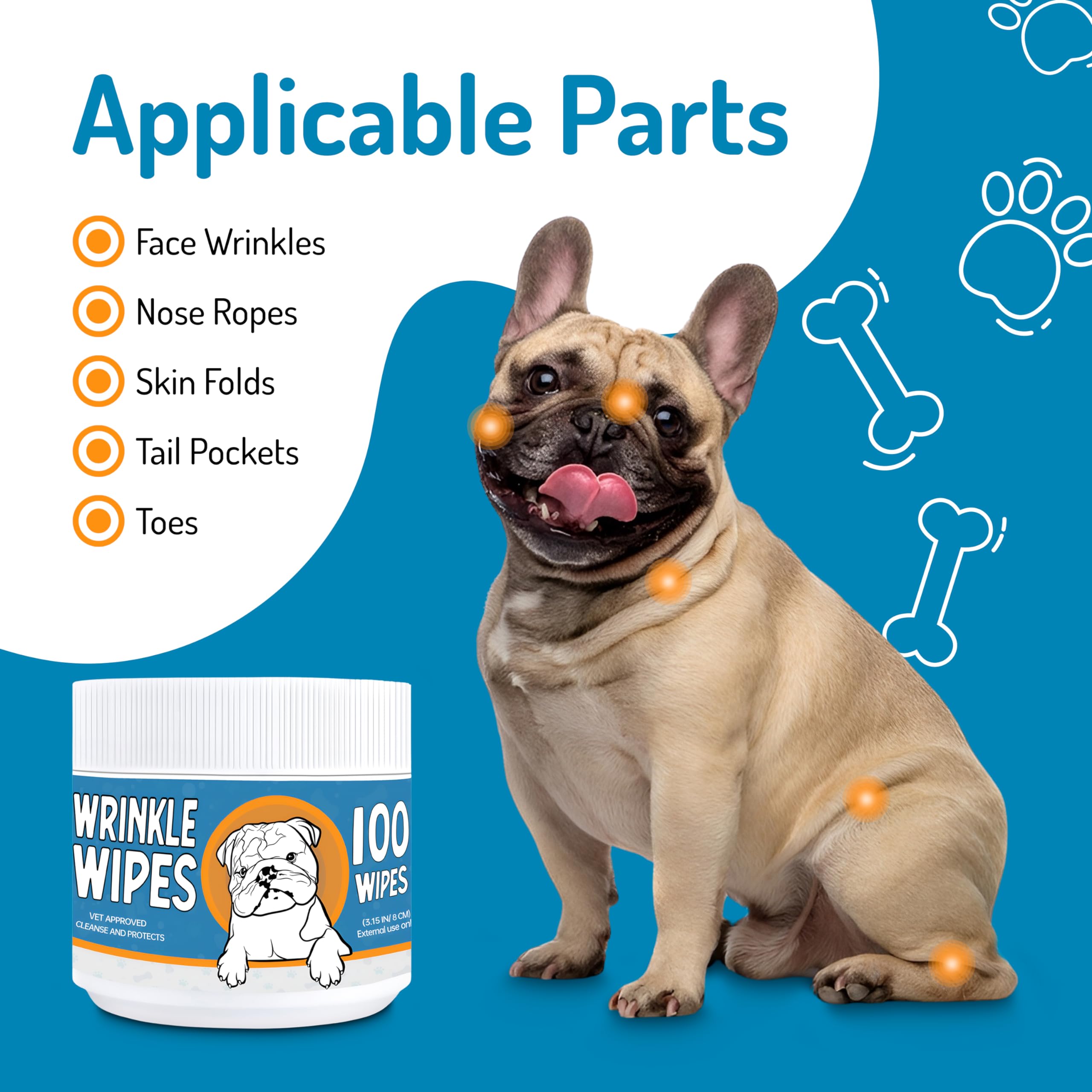 Eye Wipes (120Wipes) + Wrinkle Wipes for Bulldogs(100Wipes) - Clean Wrinkles, Tear Stains, Tail Pockets and Paws