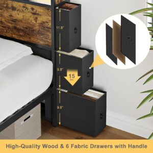 HAUSOURCE Queen Bed Frame with Bookcase Headboard and 6 Headboard Storage Drawers LED Lights Metal Platform Non-Slip Without Noise Metal Slats Support No Box Spring Needed