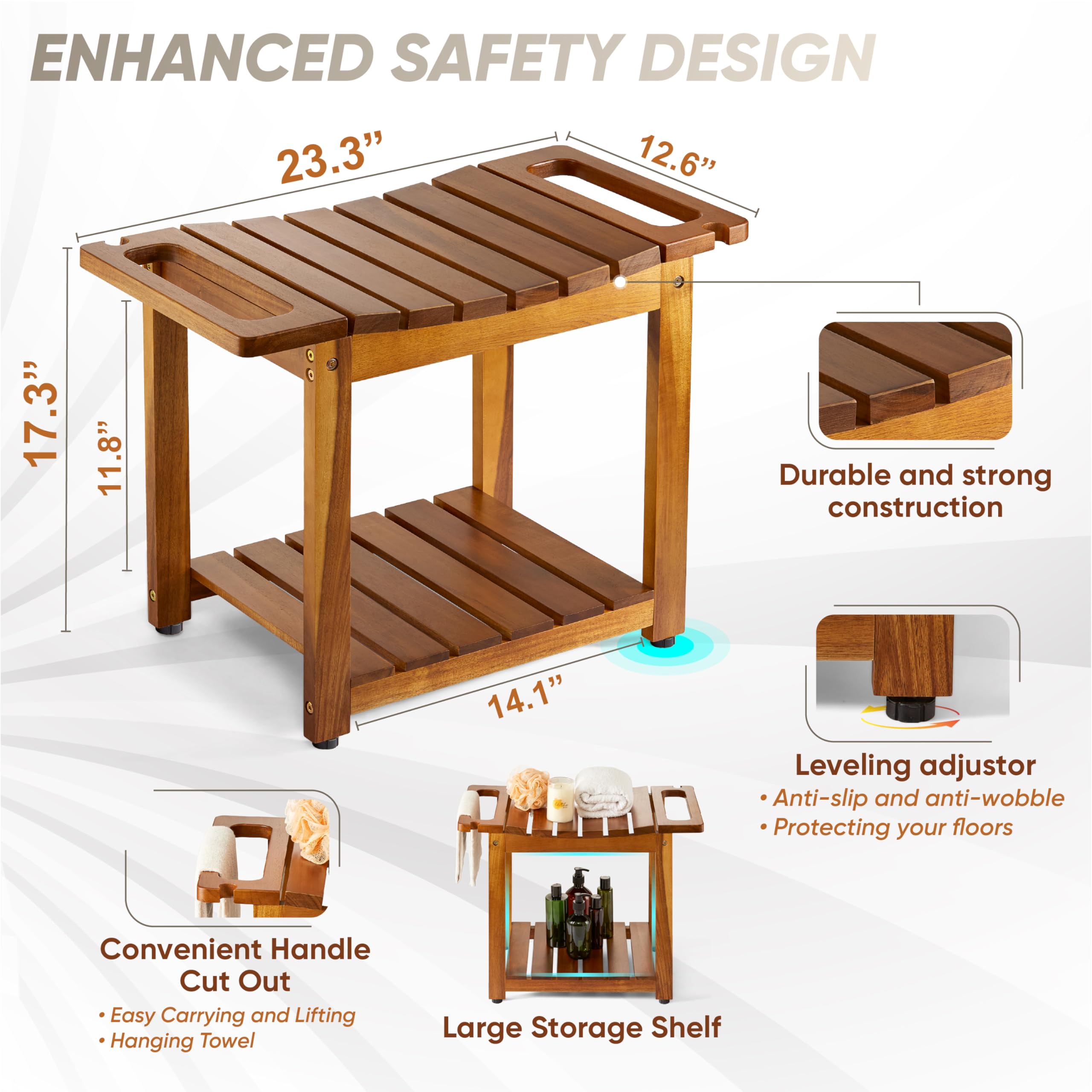 BLUEWEST Shower Bench Seat with Storage Shelf, Natural Wood Shower Benches for Inside Shower to Sit on, Waterproof Bathroom Spa Bench Stool for Legs Shaving with Built-in Handle & Shower Head Holder