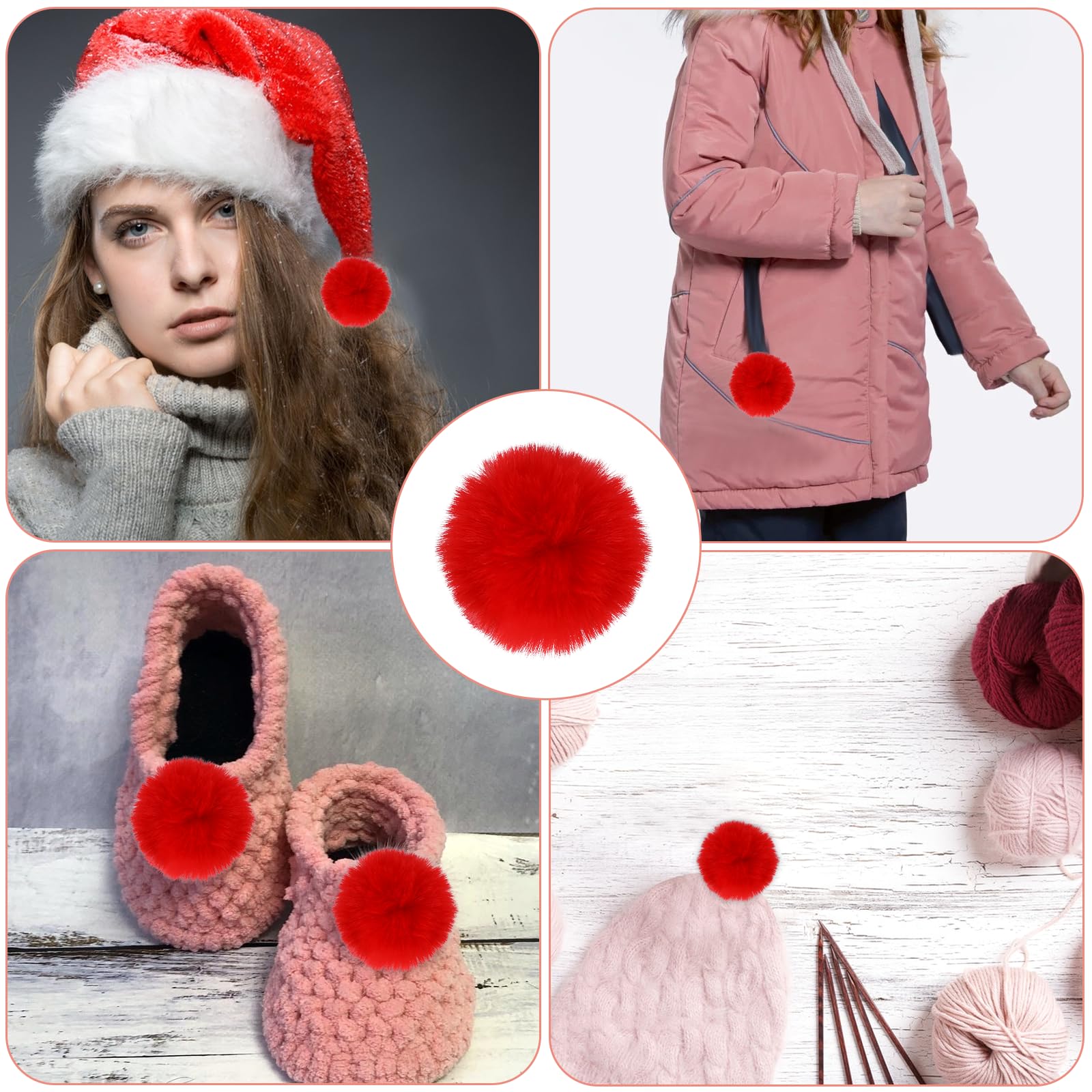 6 Pcs Red Pom Poms Faux Fur Pom Pom Balls Round Fluffy Pompoms for Crafts with Tiny Cord for Hat Shoes Garment Hair Pins Earrings Necklace Charm Christmas Valentine's Day Wedding Accessories