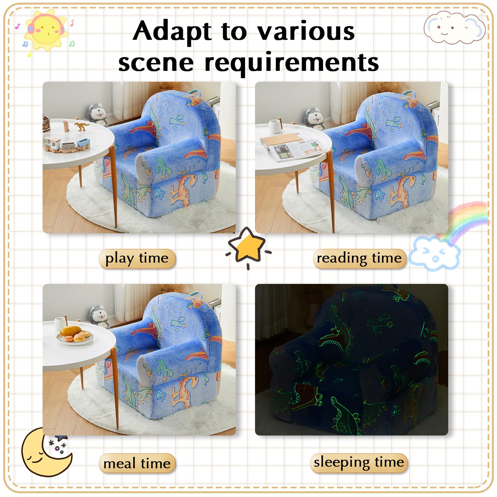 ILPEOD Toddler Chair Sherpa Couch Sherpa Kids Chair, Cuddly Comfy Toddler Plush Chair Toddler Couch Reading Chair for Kids Glow in The Dark Dinosaur