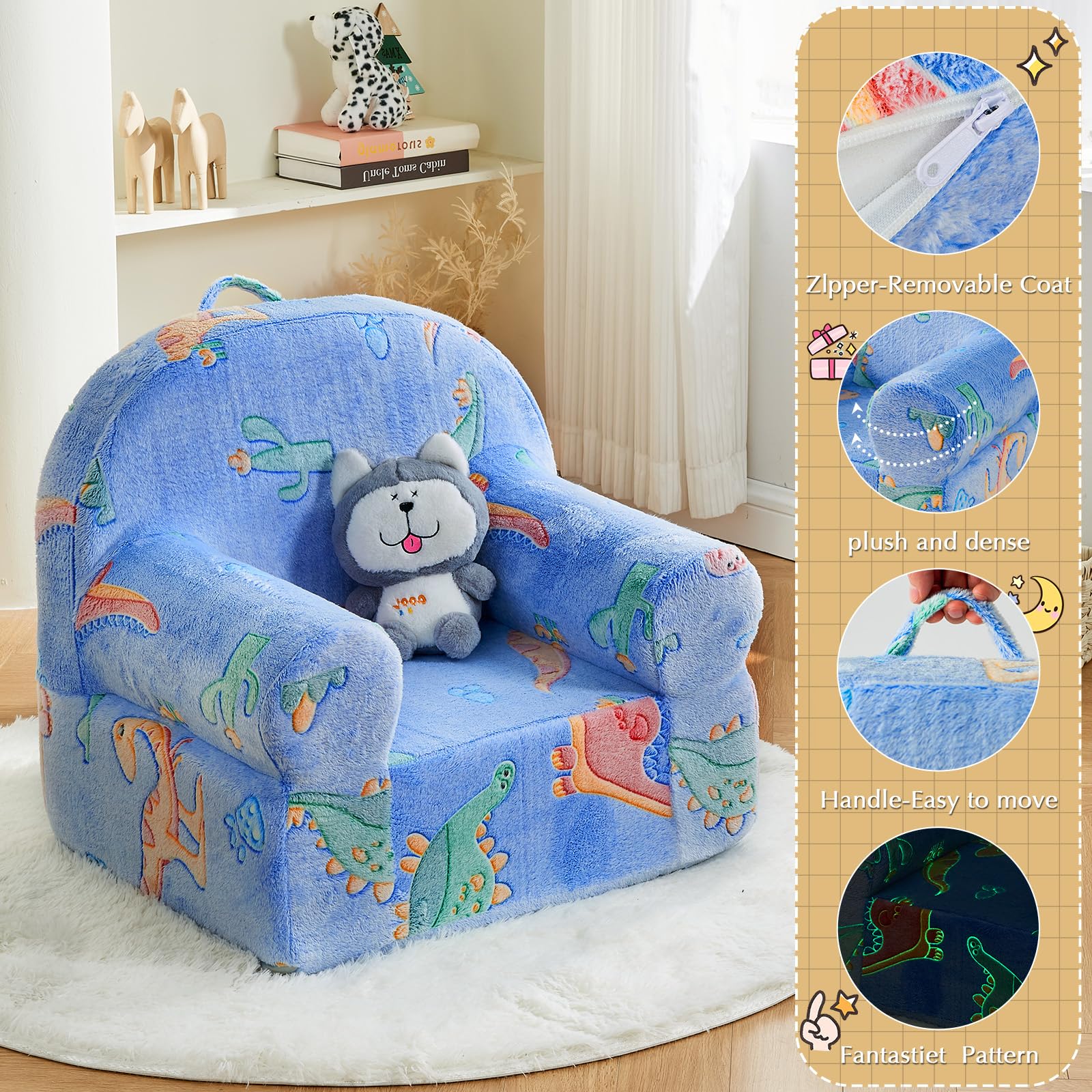 ILPEOD Toddler Chair Sherpa Couch Sherpa Kids Chair, Cuddly Comfy Toddler Plush Chair Toddler Couch Reading Chair for Kids Glow in The Dark Dinosaur