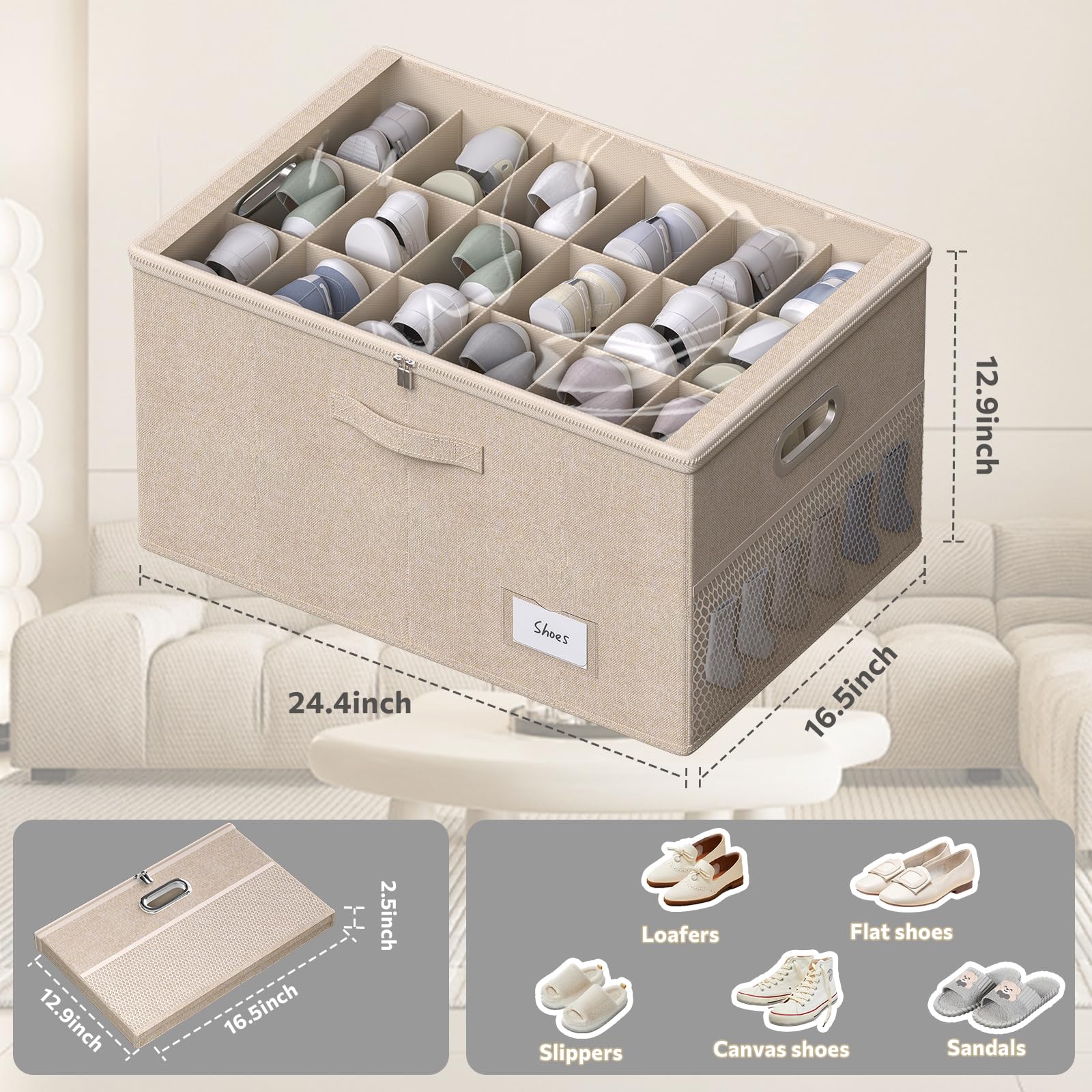 Shoe Organizer for Closet,Shoe Box Storage Containers Fit 18 Pairs,Foldable Shoe Storage Bins with Clear Cover & Adjustable Dividers for Shoes,Blankets,Linen,Clothing