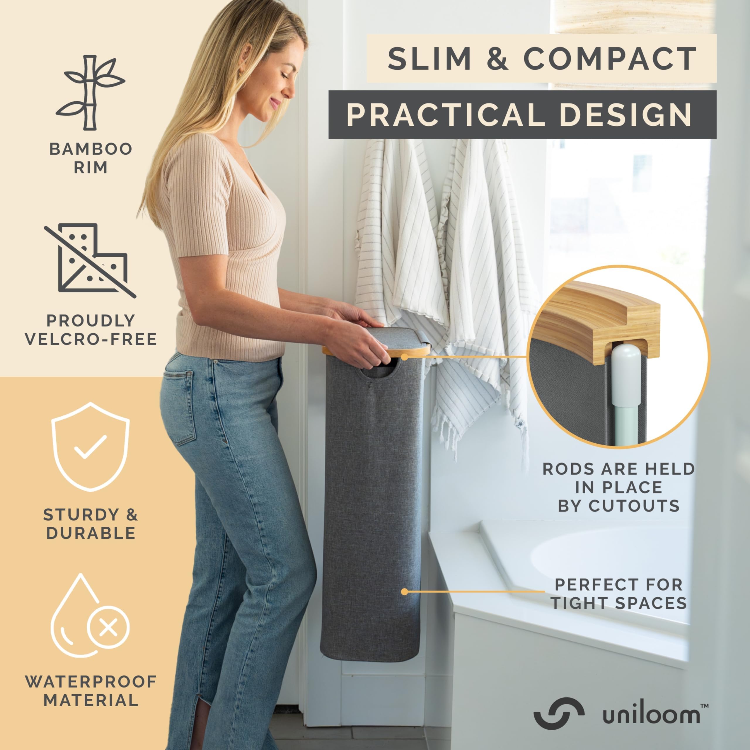 uniloom Slim Laundry Hamper with Lid & Bamboo Rim - 60L Waterproof Oxford Narrow Laundry Basket with Removable Bag & Long Handle - Sturdy Dirty Clothes Hamper with Lid & Magnetic Mesh Bag - Gray