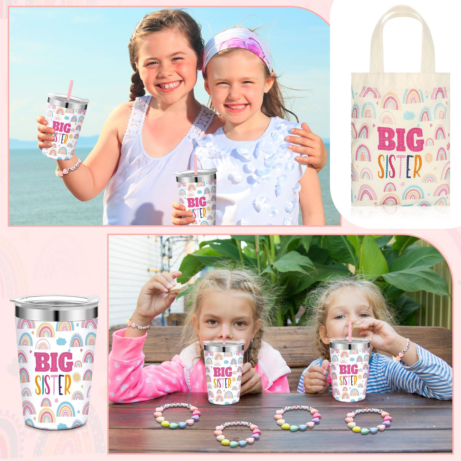 Shinylin 3 Pcs Big Sister Gift for Girls 12 oz Pink Big Sister Cup Stainless Steel Mug Vacuum Insulated Tumbler with Leak Proof Lid and Straw Big Sister Canvas Tote Bag and Bracelet for Little Girls