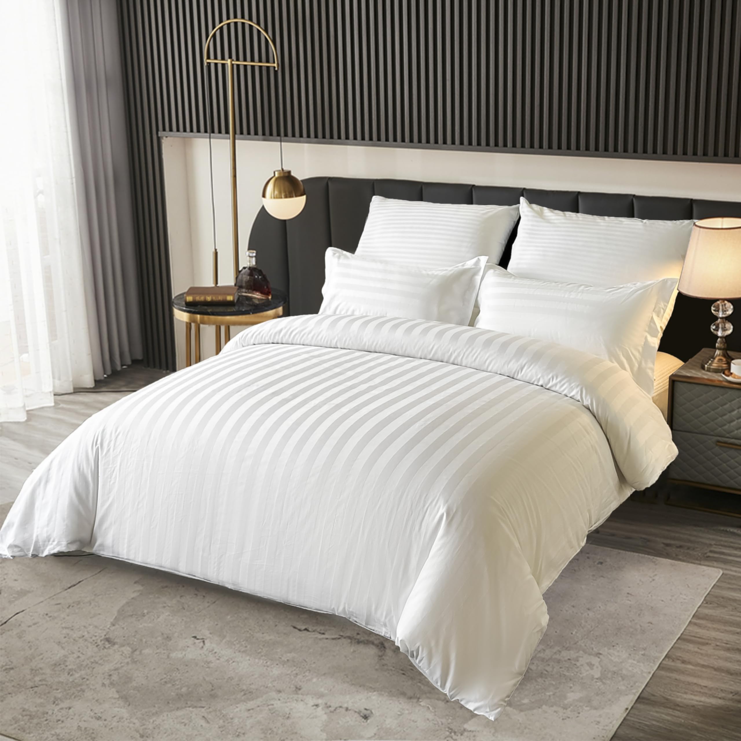 Amolavet Hotel Collection Duvet Cover King Size 100% Cotton Satin White Striped with Zipper Closer Comforter Cover King Size 3 Pcs Set 104x90 Inches (1 Duvet Cover & 2 Pillow Shams) King Quilt Cover