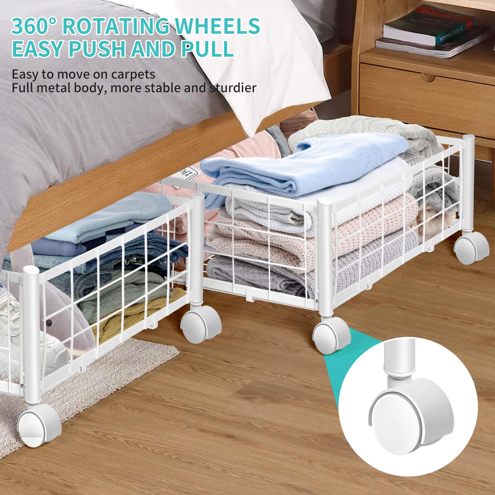 Under Bed Storage with Wheels, Under Bed Storage Containers Metal Foldable Space-Saving Under Bed Drawer Shoe Storage Bins Organizer on Wheels for Clothes Books (2 Packs White)