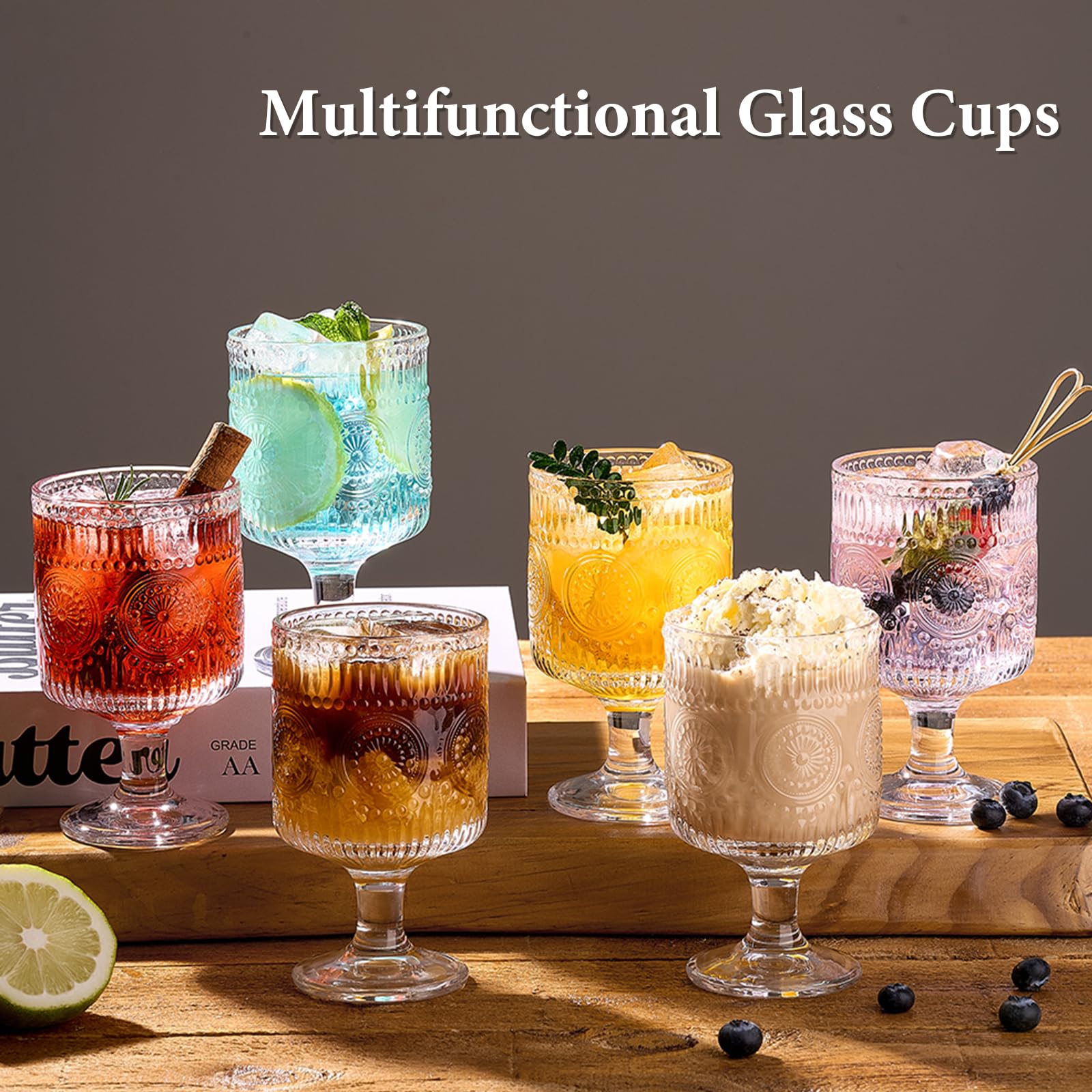 6 Packs Vintage Goblet Glasses, 8 oz Wine Glasses, Embossed Floral Glass Cups Set, Clear Drink Glasses, Drinking Goblets, Bar Tumbler Glassware for Iced Tea, Wine, Beer, Juice, Cocktail, Whiskey