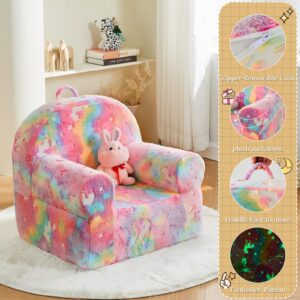 ILPEOD Toddler Chair Sherpa Couch Sherpa Kids Chair, Cuddly Comfy Toddler Plush Chair Toddler Couch Reading Chair for Kids Glow in The Dark Rainbow Pink