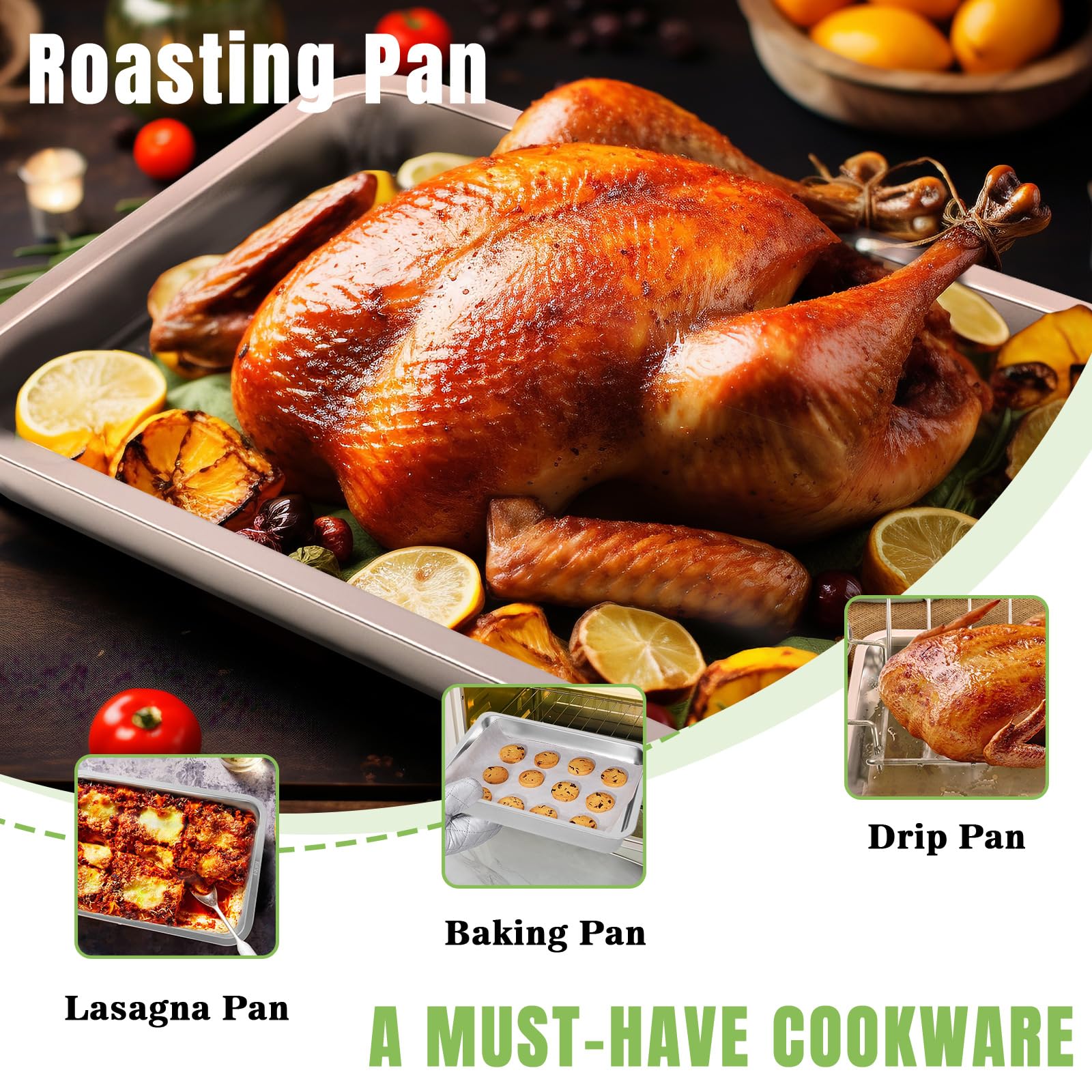 KAMaster 15.5 in 304 Stainless Steel Roasting Pan Non-Stick Big Roaster Pan,Large XLarge Green Eggs Grilling Pan or Drip Pan for Turkey,Durable Baking Pan Lasagna Pan,Dishwasher Safe