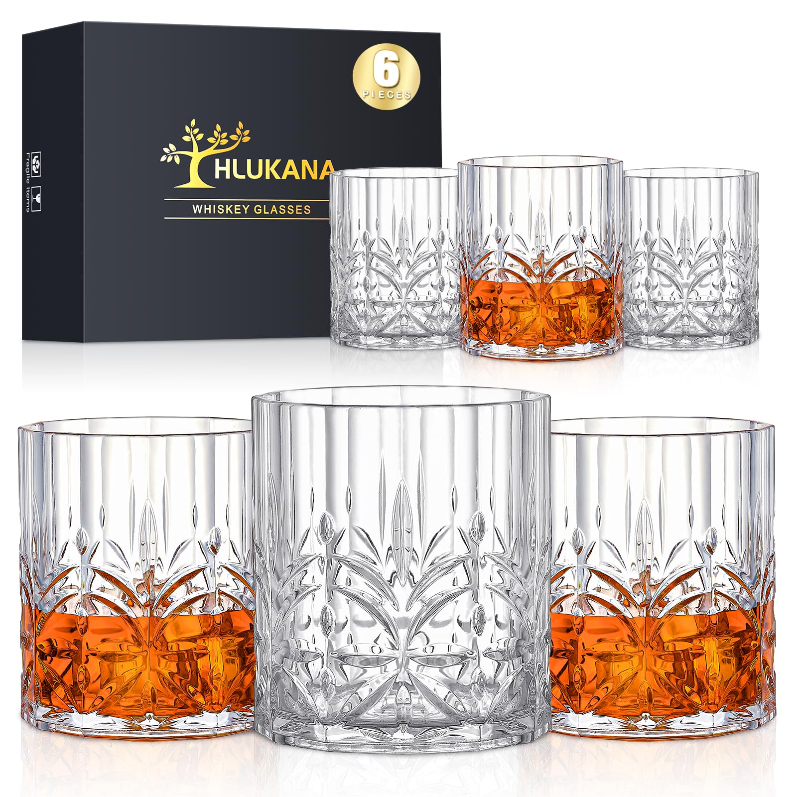 Hlukana Unbreakable Plastic Whiskey Glasses Set of 6, 14 Oz Old Fashioned Glasses for Scotch Cocktail Rum Bourbon Vodka Liquor, Unique Gifts for Men, Reusable, Clear, BPA-free, Dishwasher Safe