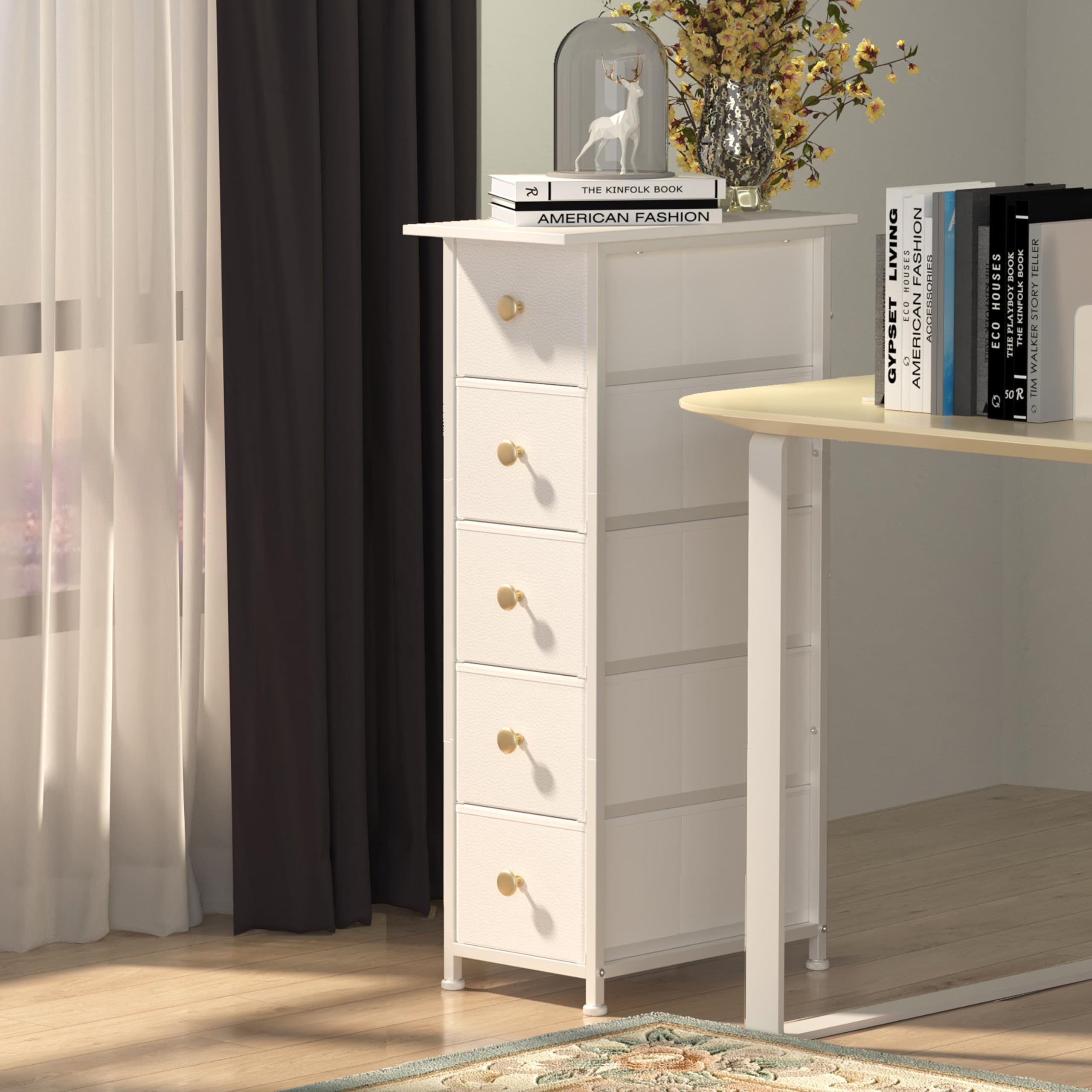 GiftGo Narrow Dresser Cabinet Vertical Slim Dresser Chest of Drawers Skinny Storage Tower for Small Spaces Gaps Closet Bedroom Bathroom Small Fabric Drawer Unit (White, 5 Drawers)