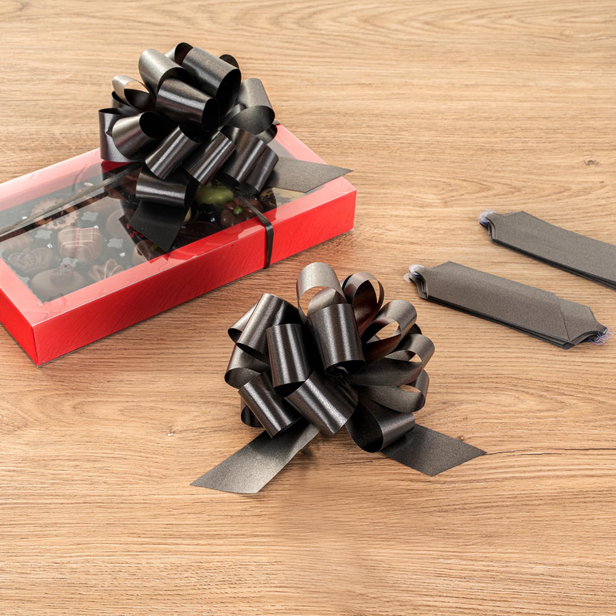 Restaurantware Gift Tek 5.5 Inch Ribbon Pull Bows 10 Satin Pull Bows - 20 Loops Instant Pull Design Black Plastic Flower Bows For Gifts Large For Wedding Baskets And Gift Wrapping