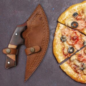 RC Damascus ULU Knife with Free Leather Sheath-7.4"Handmade Pizza Cutter with Non-Slip Handle-Alaskan Ulu Knife Used For Multi-Purpose And Gifting"Your SATISFACTION its ultimate goal!