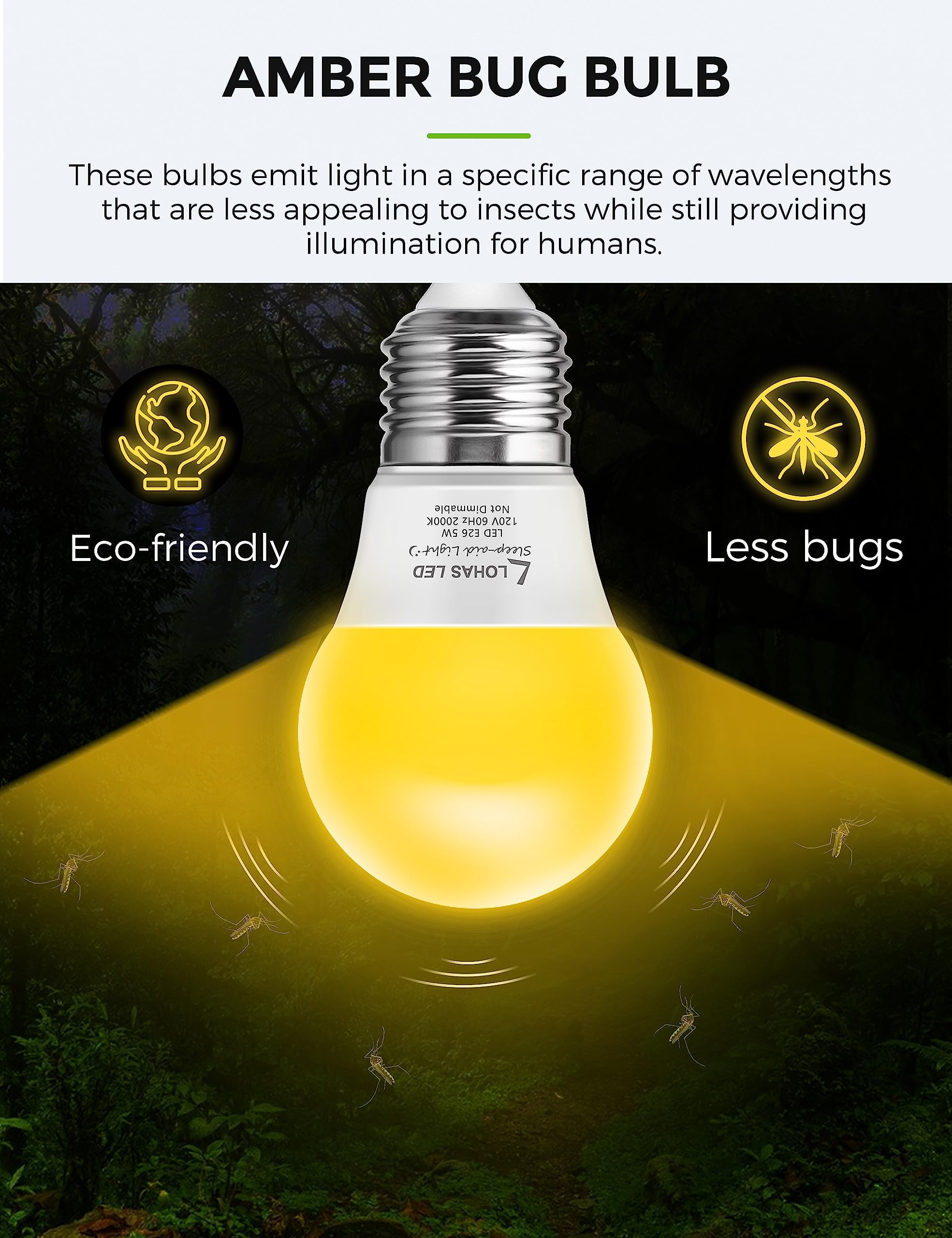 LOHAS Bug Light Bulb Yellow LED Bulbs, Outdoor Porch Lights, Amber Bedroom Night Light Bulb A15 Bugs LED Bulbs, 40W Equivalent E26 Edison Bulb(5W), Warm LEDs Hallway Lighting Decorative Lamps(4 Pack)