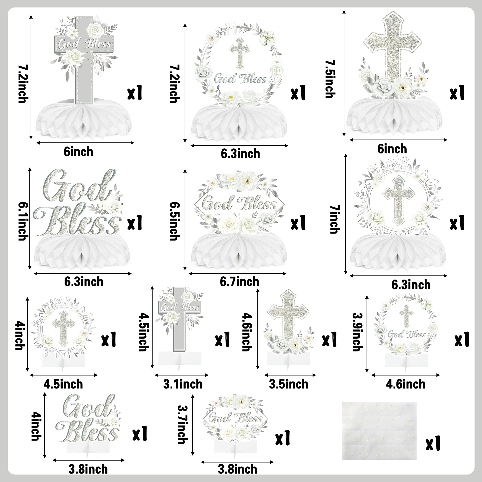 ANGOLIO White Sliver Floral Honeycomb Centerpieces - 12Pcs God Bless Table Decor Honeycomb Cross Centerpieces Baptism Religious Party Table Toppers for Bible Baby Shower Birthday Party Decor Supplies