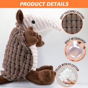 PLYFOU Squeaky Dog Toys, 12 Inch Plush Dog Toys, Stuffed Toys for Small Medium Large All Breed Sizes Dogs, Big Armadillo Animals Toy, Puppy Chew Toy with Clean Teeth, Brown