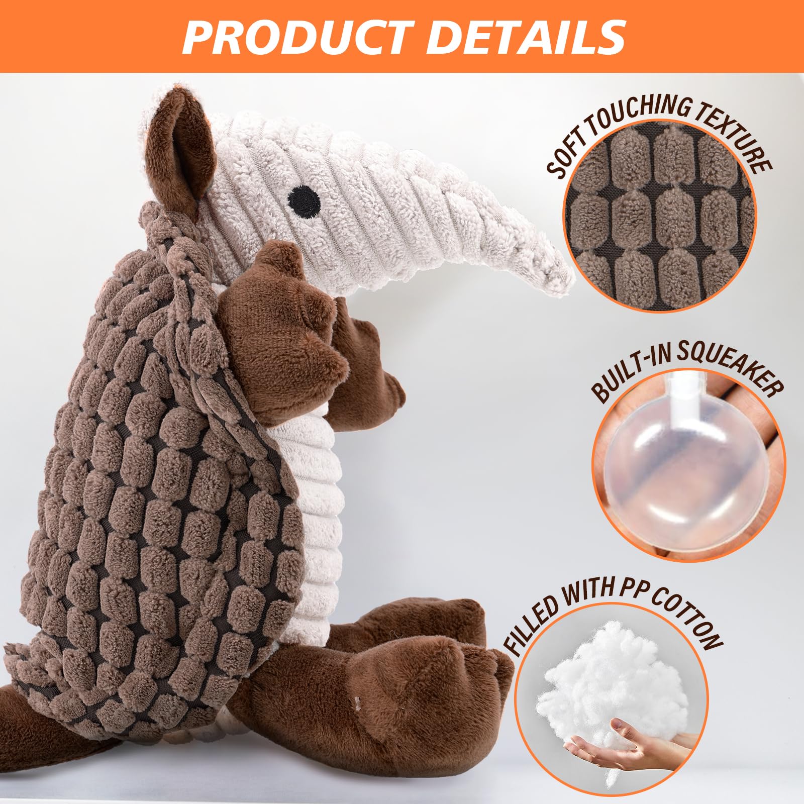 PLYFOU Squeaky Dog Toys, 12 Inch Plush Dog Toys, Stuffed Toys for Small Medium Large All Breed Sizes Dogs, Big Armadillo Animals Toy, Puppy Chew Toy with Clean Teeth, Brown