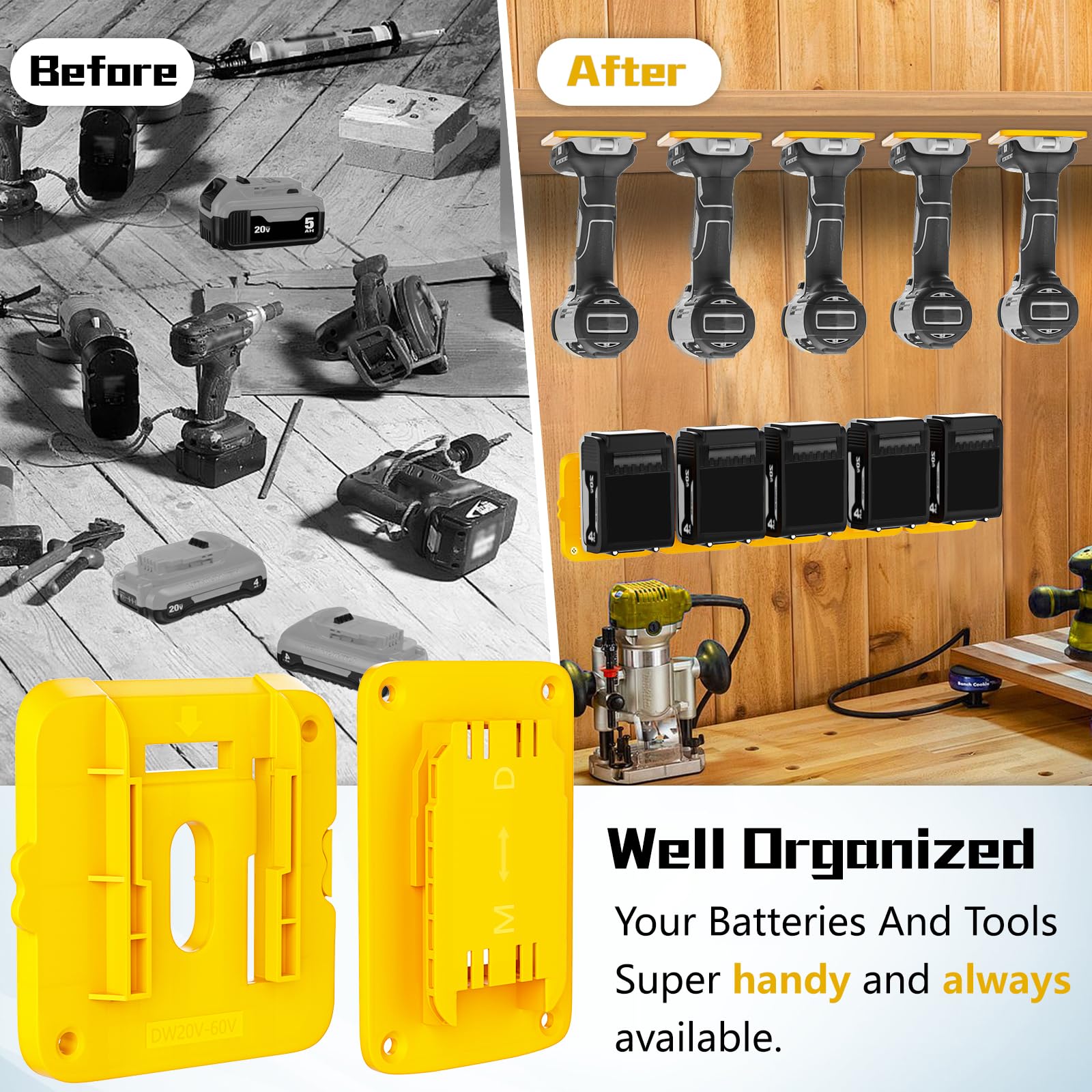 TAIRDA 10Packs Battery Holder Tool Holder, 5 Packs Battery Holder Wall Mount for Dewalt 20v Battery, 5 Packs Tool Holder Wall Mount for Dewalt 20v Tools