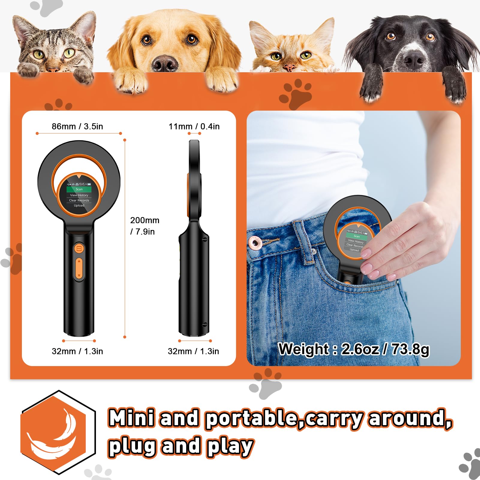 Pet Microchip Scanner,Alacrity 3-IN-1 Connections(2.4GHz Wireless+Bluetooth+USB)Animal Universal Microchip Tag Reader Scanner with 1.44” TFT Screen,800mA*H Rechargeable Battery,240 Pieces Data Storage