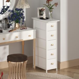 GiftGo Narrow Dresser Cabinet Vertical Slim Dresser Chest of Drawers Skinny Storage Tower for Small Spaces Gaps Closet Bedroom Bathroom Small Fabric Drawer Unit (White, 5 Drawers)