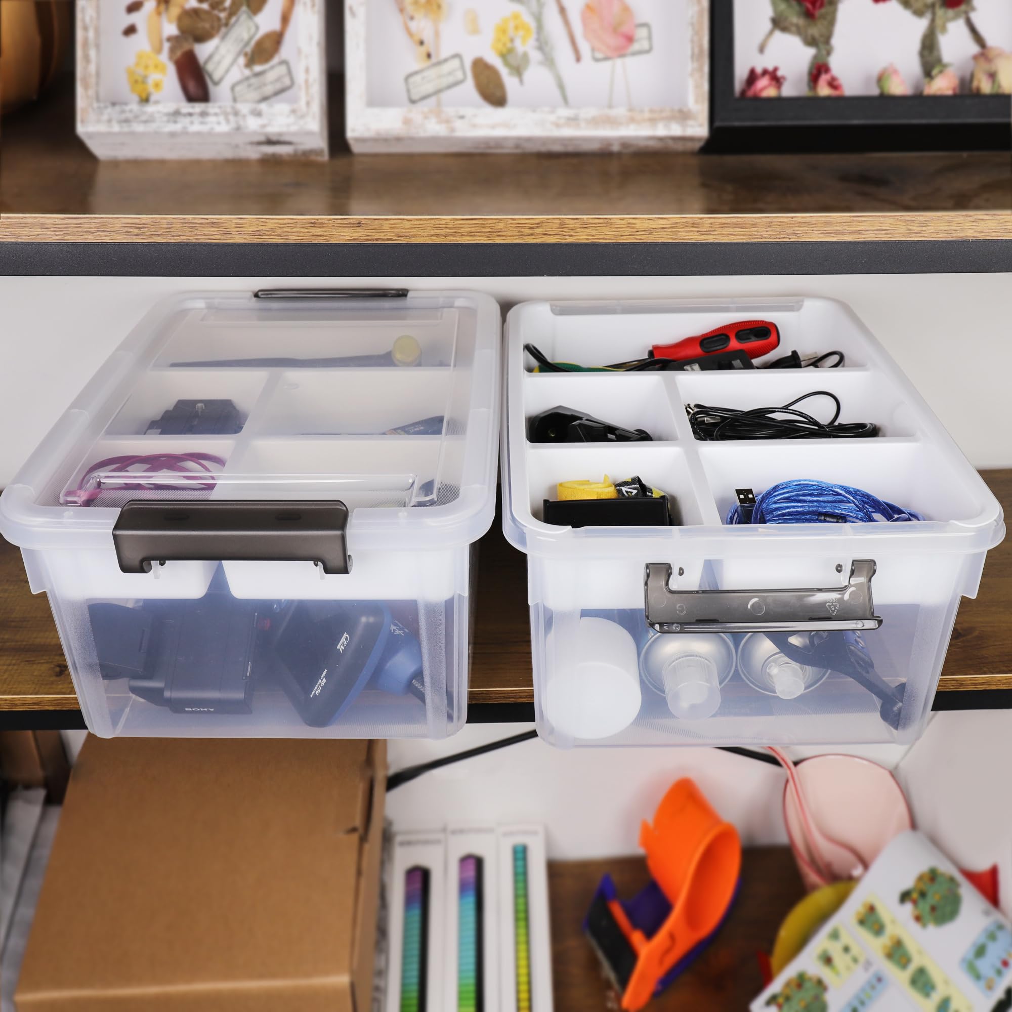 2 Pack 17 QT Plastic Storage Bins with Lids, Art Supply Storage Organizer with Removeable Tray, Clear Storage Box for Craft, Lego, Crayon, Sewing, Bead and Tool, Stackable Craft Organizer