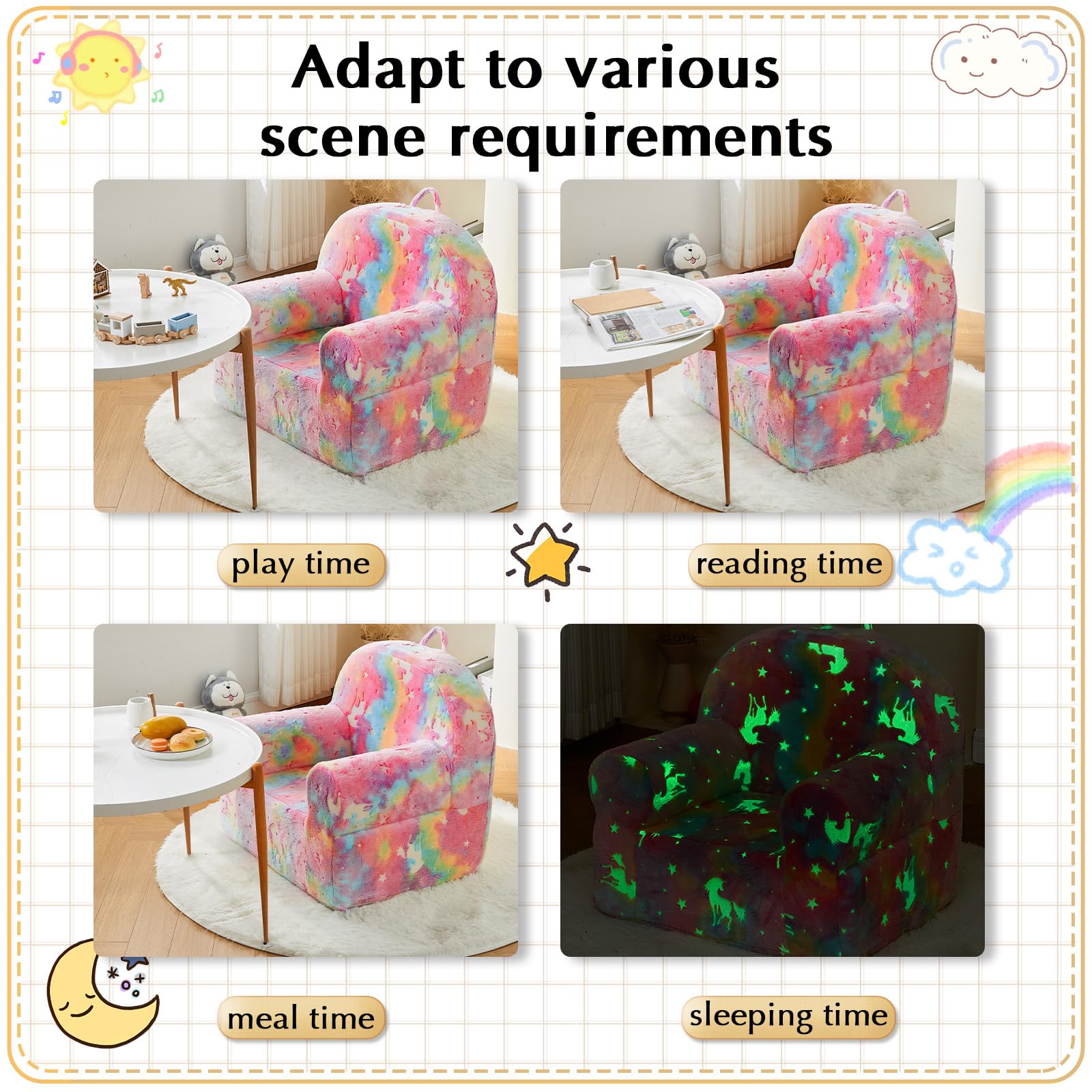 ILPEOD Toddler Chair Sherpa Couch Sherpa Kids Chair, Cuddly Comfy Toddler Plush Chair Toddler Couch Reading Chair for Kids Glow in The Dark Rainbow Pink