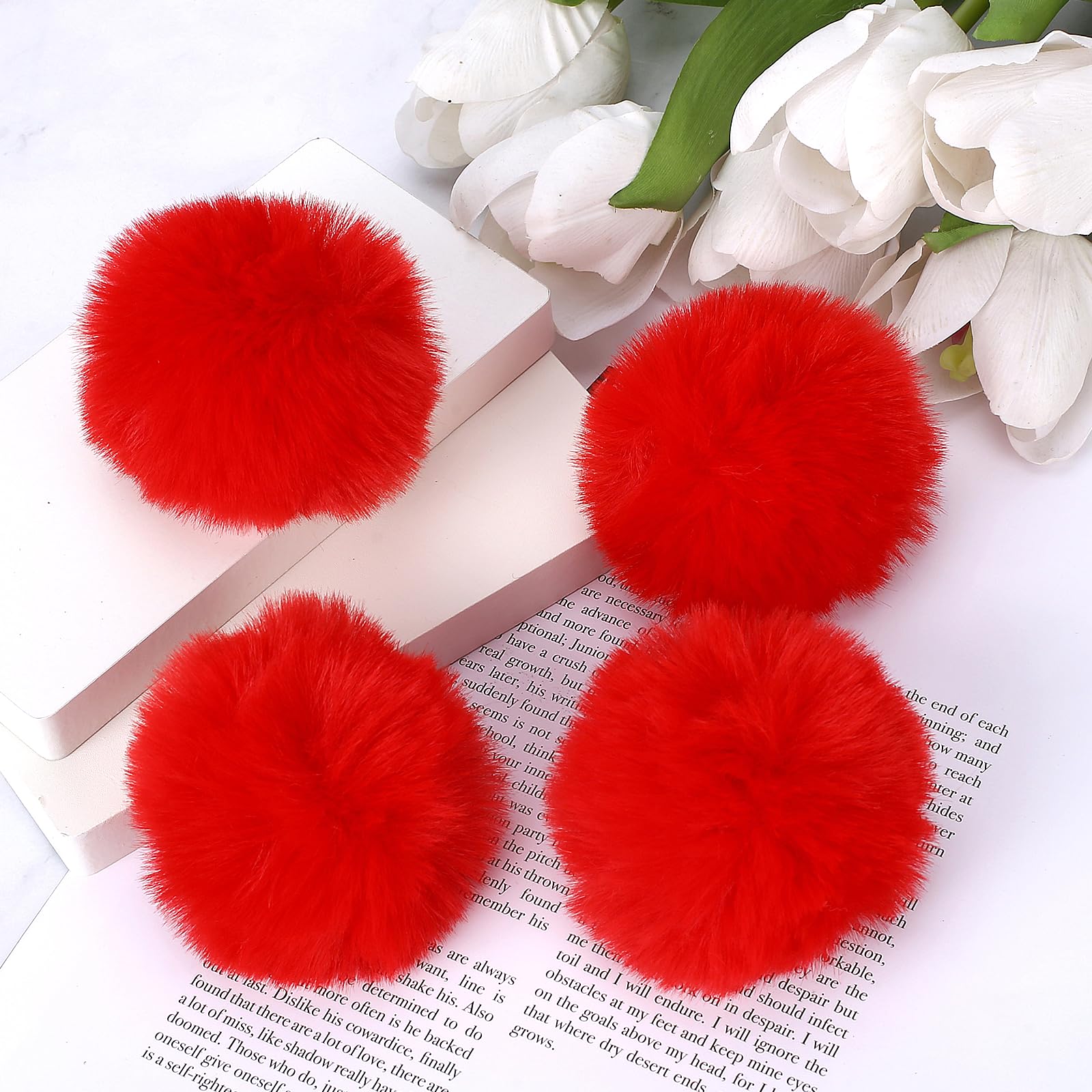 6 Pcs Red Pom Poms Faux Fur Pom Pom Balls Round Fluffy Pompoms for Crafts with Tiny Cord for Hat Shoes Garment Hair Pins Earrings Necklace Charm Christmas Valentine's Day Wedding Accessories