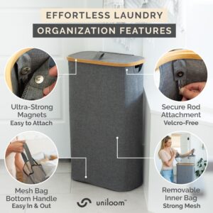 uniloom Slim Laundry Hamper with Lid & Bamboo Rim - 60L Waterproof Oxford Narrow Laundry Basket with Removable Bag & Long Handle - Sturdy Dirty Clothes Hamper with Lid & Magnetic Mesh Bag - Gray