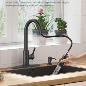 FORIOUS Black Kitchen Faucet with Soap Dispenser, Kitchen Faucet with Pull Down Sprayer, Classic Stainless Steel Kitchen Sink Faucet, Updated High Arc Single Hole Faucet for Kitchen Sink RV Bar Camper