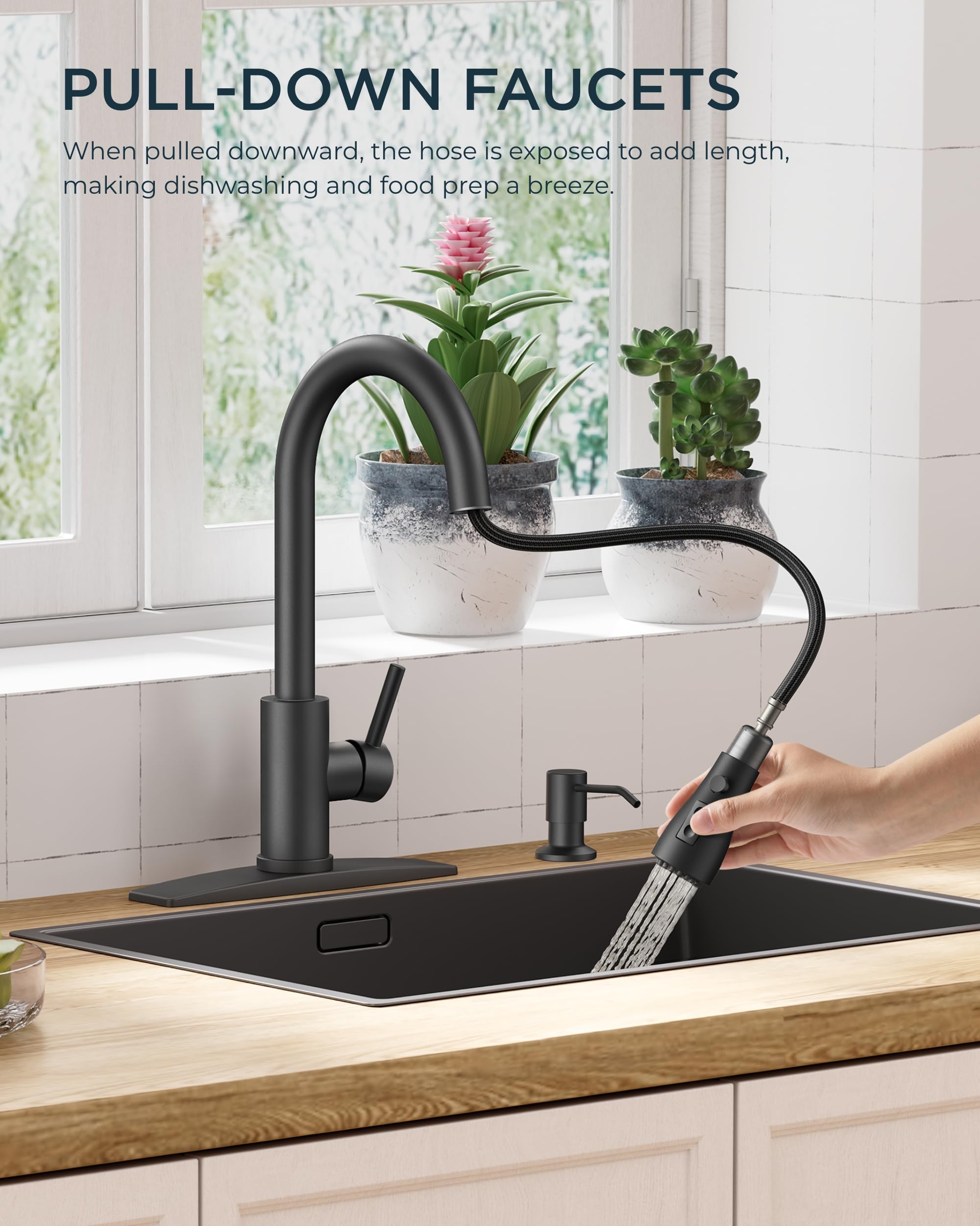 FORIOUS Black Kitchen Faucet with Soap Dispenser, Kitchen Faucet with Pull Down Sprayer, Classic Stainless Steel Kitchen Sink Faucet, Updated High Arc Single Hole Faucet for Kitchen Sink RV Bar Camper