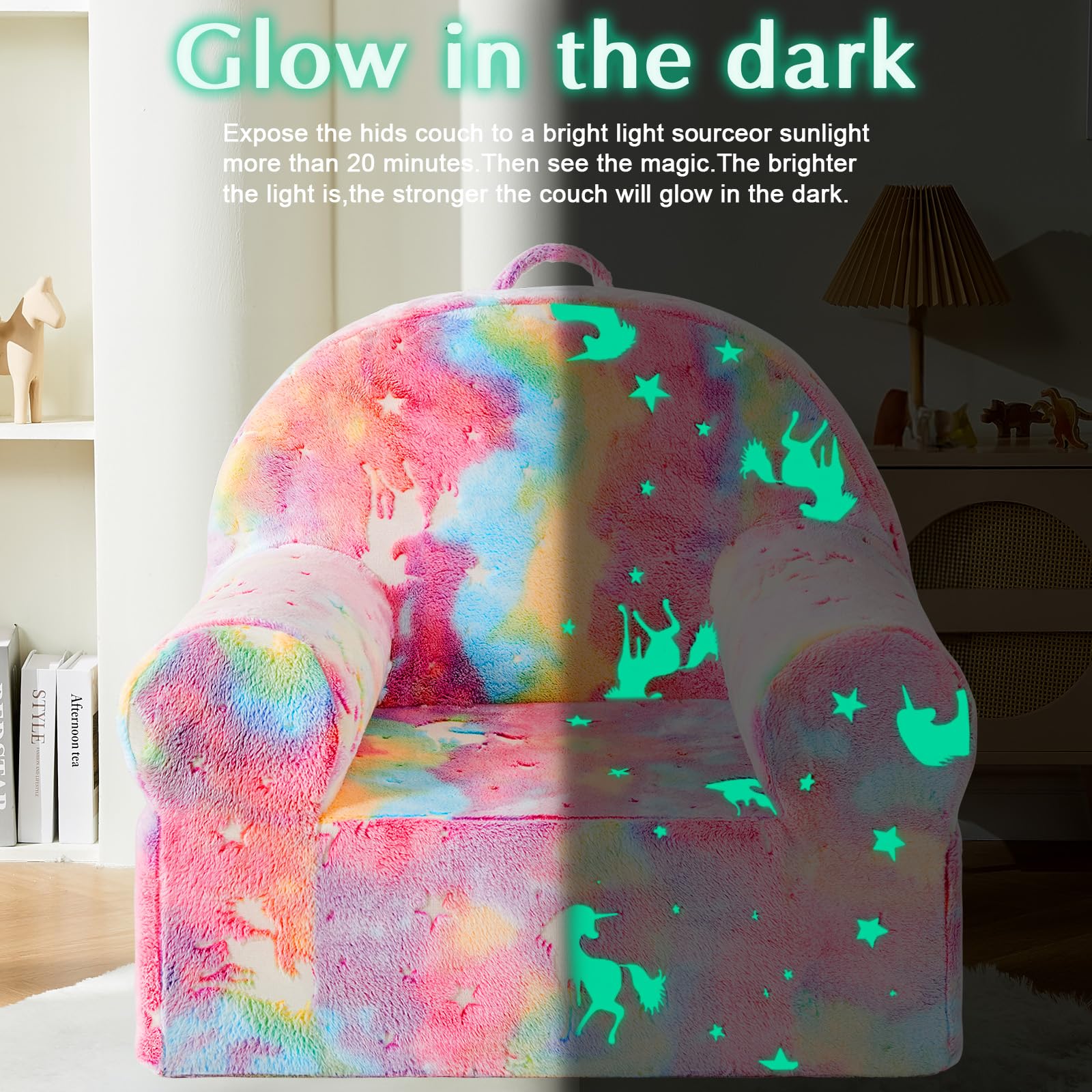 ILPEOD Toddler Chair Sherpa Couch Sherpa Kids Chair, Cuddly Comfy Toddler Plush Chair Toddler Couch Reading Chair for Kids Glow in The Dark Rainbow Pink