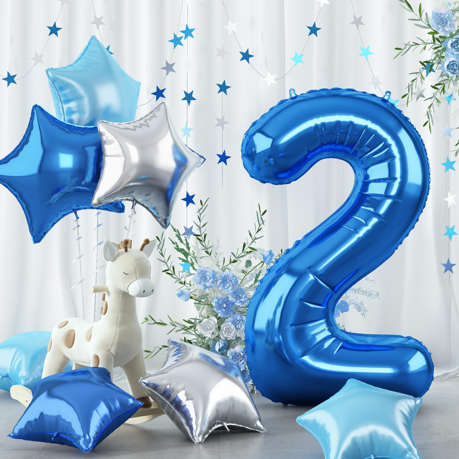 2nd Birthday Balloon for Boys, 40 Inch Balloon Number 2 Dark Blue, Large Foil Mylar Star Two Balloon Light Royal Blue Silver, Helium Globos Azules 2 Balloon for Birthday Graduation Party Decoration