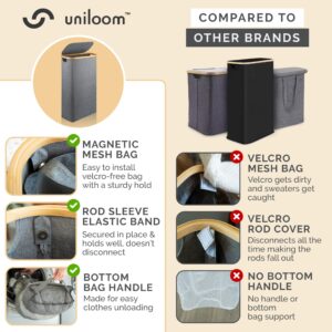 uniloom Slim Laundry Hamper with Lid & Bamboo Rim - 60L Waterproof Oxford Narrow Laundry Basket with Removable Bag & Long Handle - Sturdy Dirty Clothes Hamper with Lid & Magnetic Mesh Bag - Gray